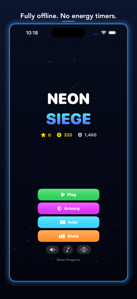 Neon Siege main menu screen